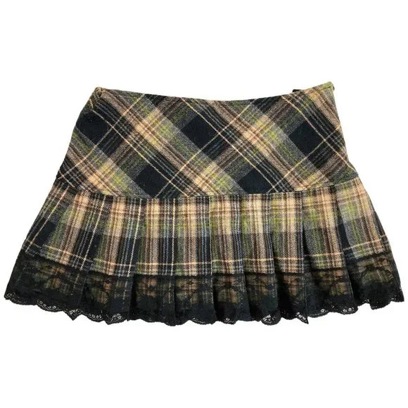 🍓Y2K GREEN TARTAN PLEATED MINI SKIRT WITH LACE TRIM🍓 - Picture 1 of 4